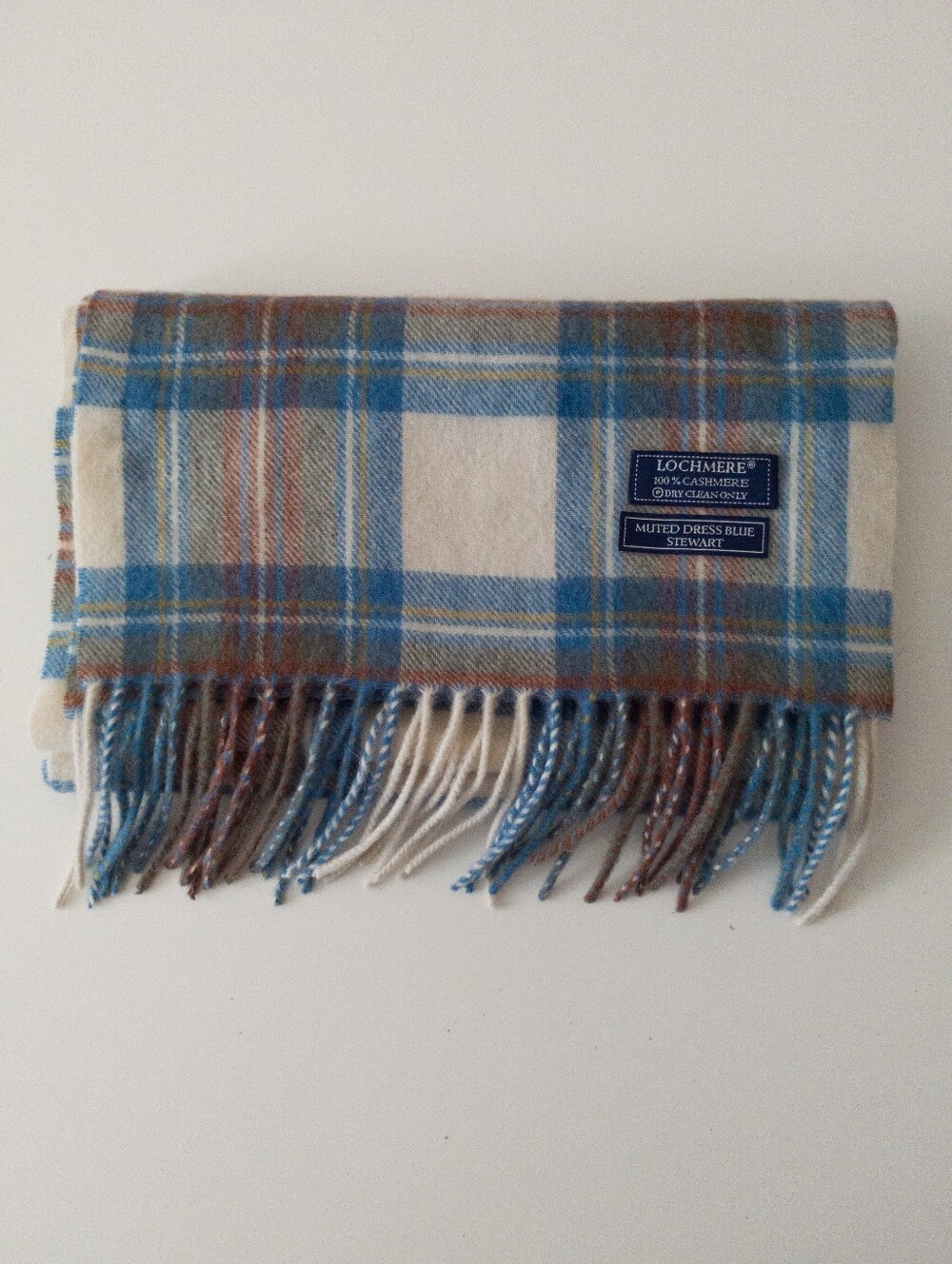 LOCHMERE 100% Cashmere Scarf Muted Dress Blue Stewart Tartan Plaid Fringed